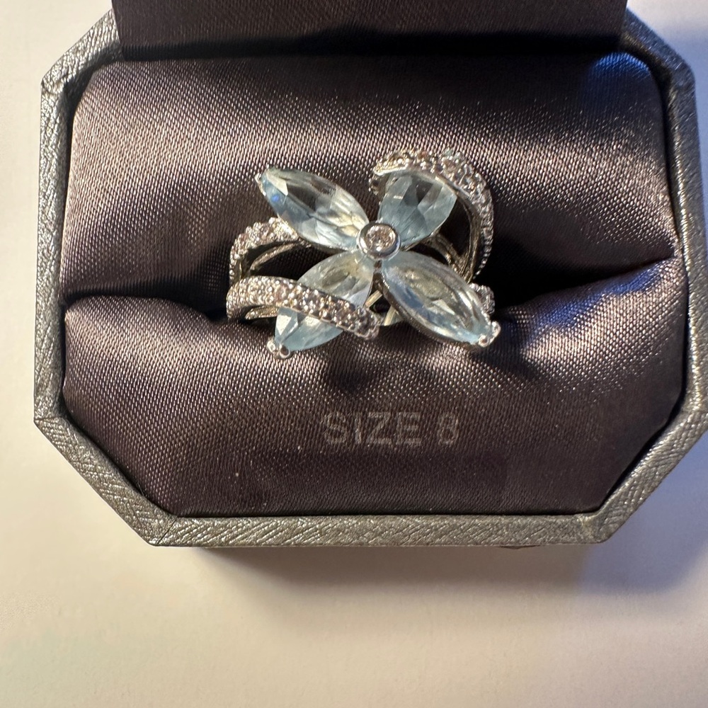 Ring Dillard's Blue Silver Tone Butterfly Aquamarine Blue Pear Cut Crystal Sz 8
